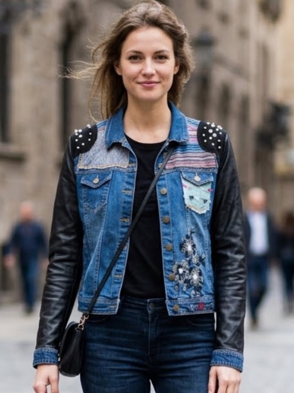 Desigual Jean Jacket Artisan Y2K Moto Embroidered Appliqué Patch Stud Crystal L